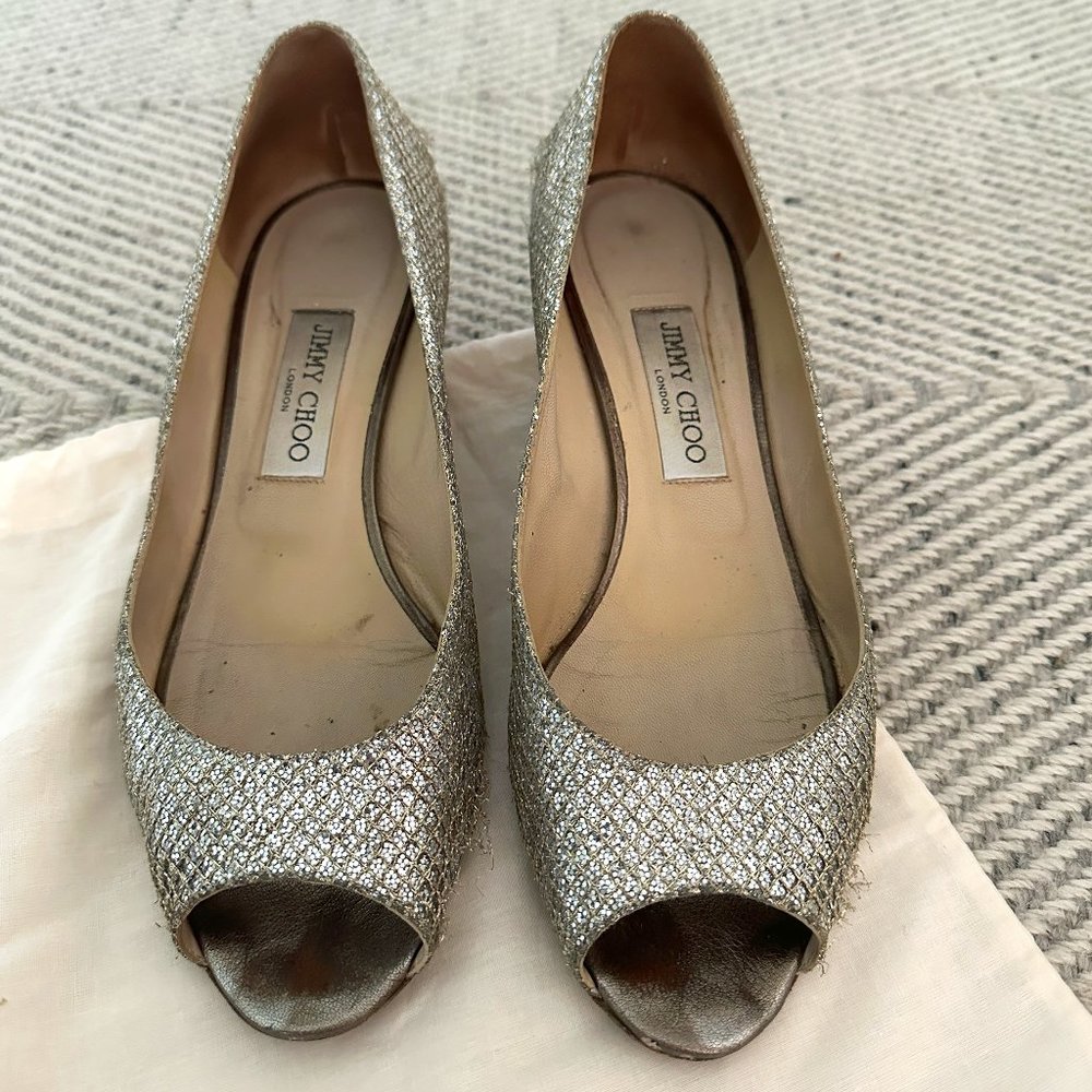Jimmy Choo 247 Bergen Wedge Champagne Glitter Size 41